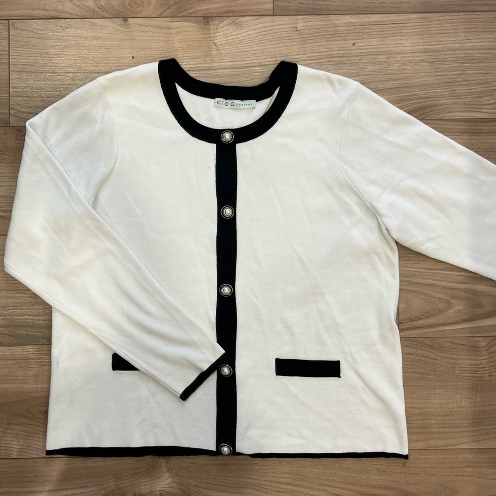 CLOSING SALE 
White Rayon Cardigan with Black Trim
